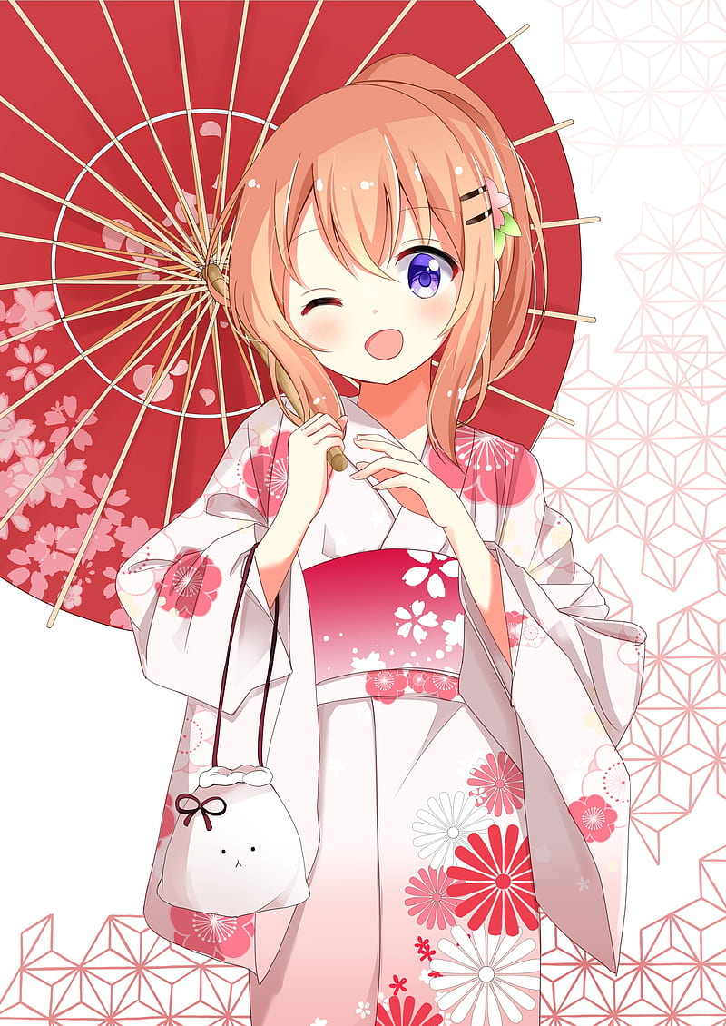 hoto cocoa, gochuumon wa usagi desu ka, wink, kimono, umbrella, Anime, HD phone wallpaper