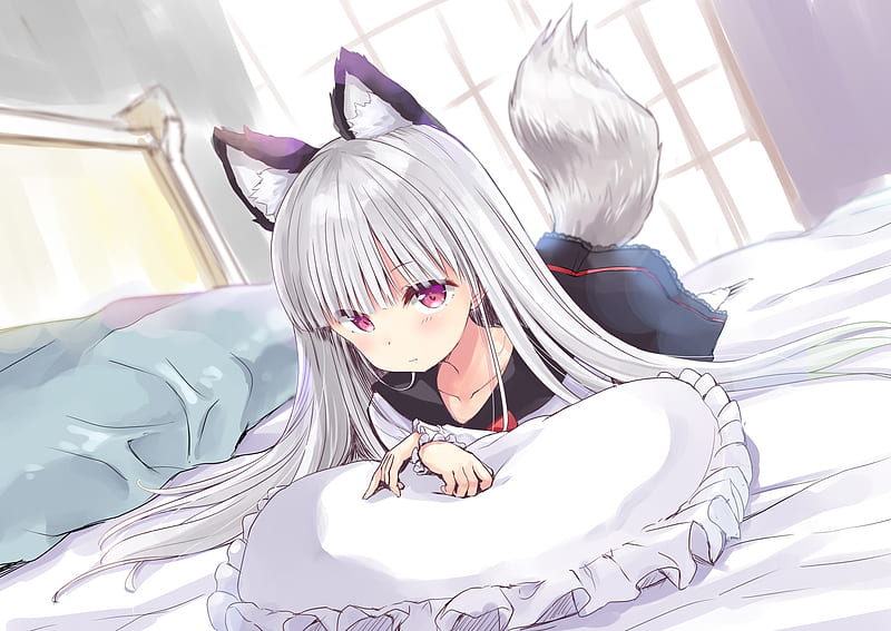 anime girl, lying down, tail, animal ears, pillow, loli, school uniform, Anime, HD wallpaper