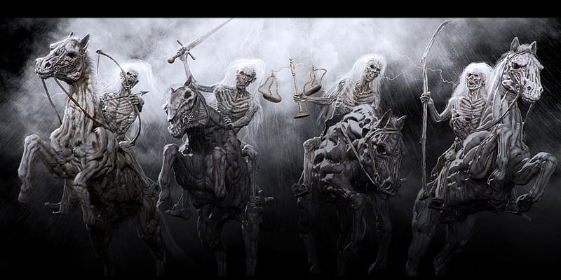 The 4 apocalypse horsemen, WAR, BIBLICAL, FANTASY, CONQUEST BLACK, DEATH, WHITE, HORSES, FAMINE, HD wallpaper