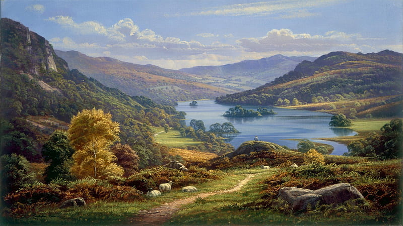 Rydal Water - Lake District England, District, English, Mountain, Scenic, Art, Sheep, England, Countryside, Lake, Painting, HD wallpaper