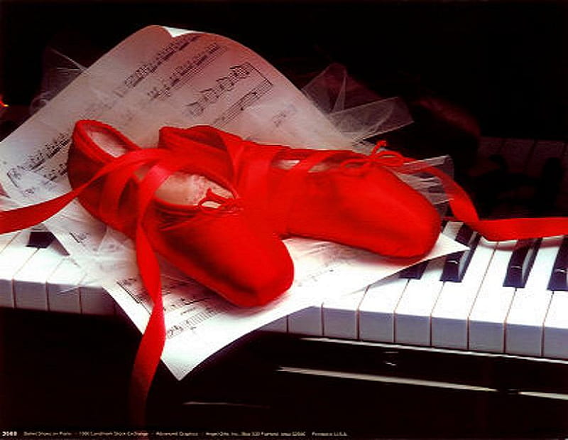 Waiting for the curtain, red, keys, ballet slippers, music, piano, HD wallpaper