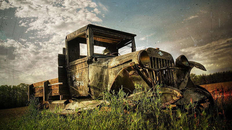 old broken down pickup truck, wreck, grass, truck, field, pickup, HD wallpaper