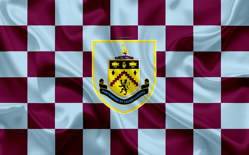 Burnley FC logo, creative art, blue burgundy checkered flag, English football club, Premier League, emblem, silk texture, Burnley, UK, England, HD wallpaper