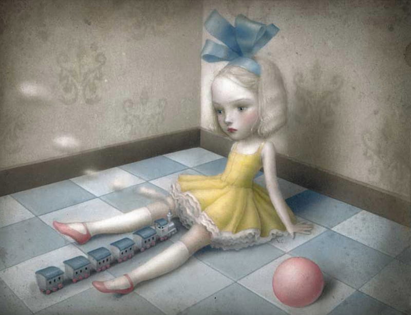 Playing room, nicoletta ceccoli, toy, yellow, ball, train, girl, painting, room, pictura, pink, blue, HD wallpaper