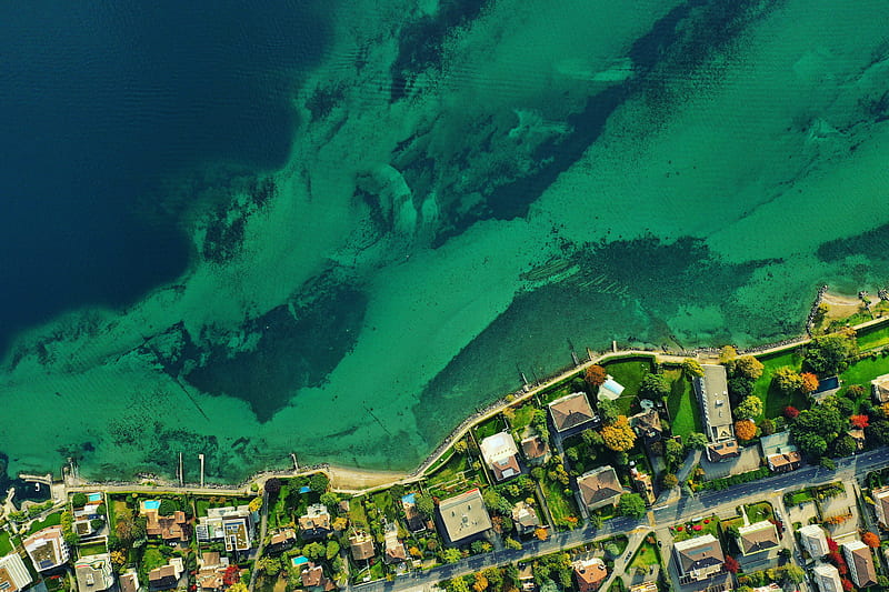 coast, aerial view, sea, buildings, HD wallpaper