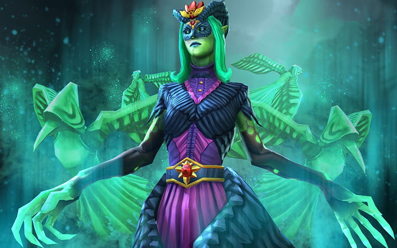 Raven Goddess, dota 2, game, woman, death prophet, fantasy, girl, green, purple, blue, HD wallpaper