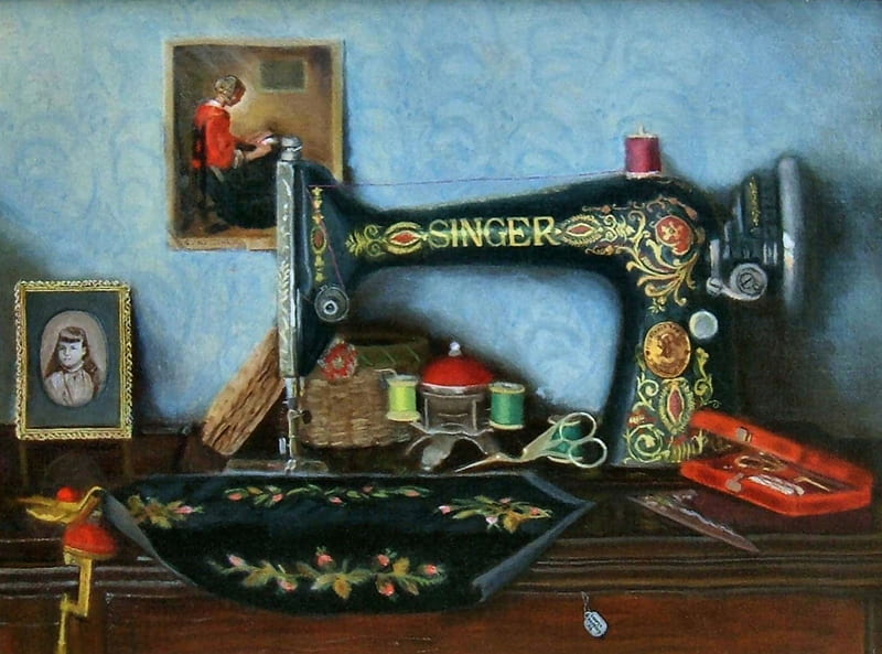 Hannah's Embroidery , art, old master, spool, thread, George Hartley, bonito, scissor, artwork, sewing machine, still life, painting, wide screen, Hartley, oldmaster, HD wallpaper