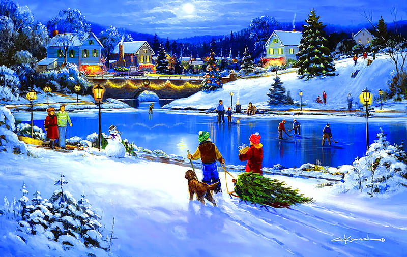 Joyful season, pretty, children, skaters, moon, bridge, village, season, evening, kids, frost, joyful, art, christmas, houses, fun, joy, winter, lake, snow, ice, peaceful, HD wallpaper