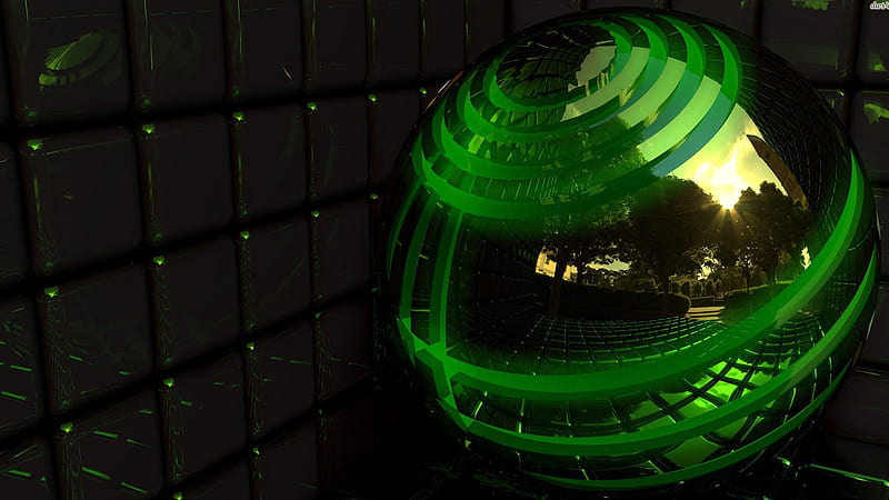 Green Ball Black Cubes Reflection Green Aesthetic, HD wallpaper
