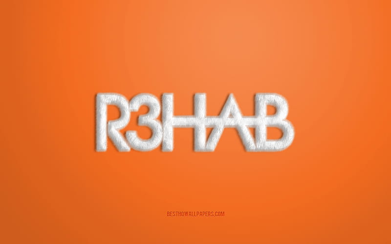 White R3hab Logo, Orange background, R3hab 3D logo, R3hab fur logo, creative fur art, R3hab emblem, Dutch DJ, R3hab, Fadil El Ghoul, HD wallpaper