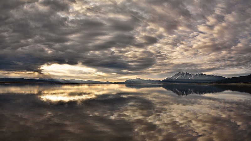 reflection of grey, gris, sky, reflection, lake, HD wallpaper
