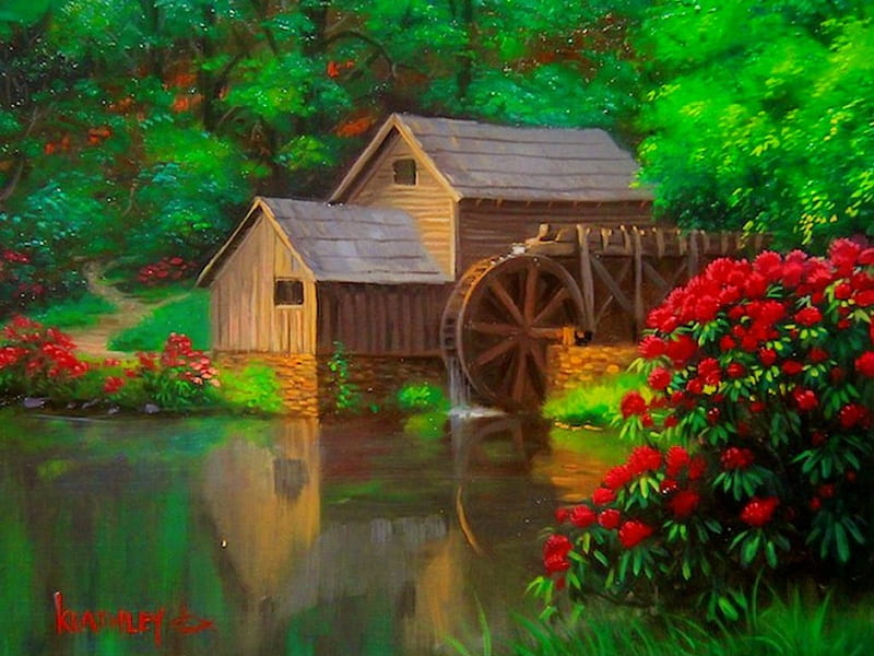 Mabry's mill in spring, forest, art, calmness, mill, greenery, bonito, spring, trees, pond, serenity, painting, flowers, HD wallpaper