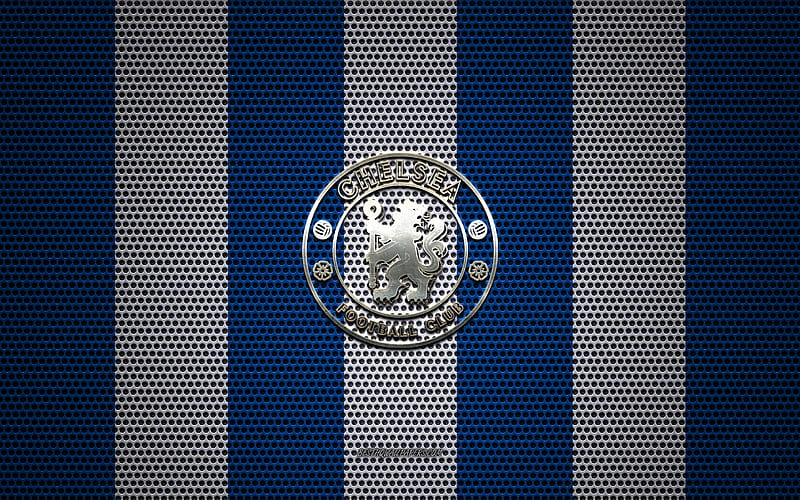 Chelsea FC logo, English football club, metal emblem, blue white metal mesh background, Chelsea FC, Premier League, London, England, football, HD wallpaper