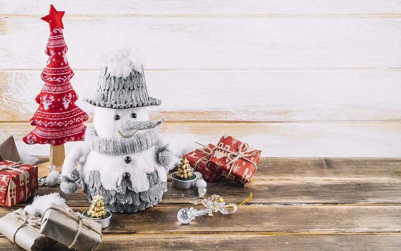 Christmas, winter, snowman, red fabric tree, scenery, box gifts, New Year, snowmen, HD wallpaper