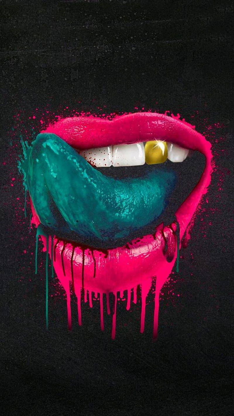 graphity lips, kiss, tongue, black, red, gold, HD phone wallpaper