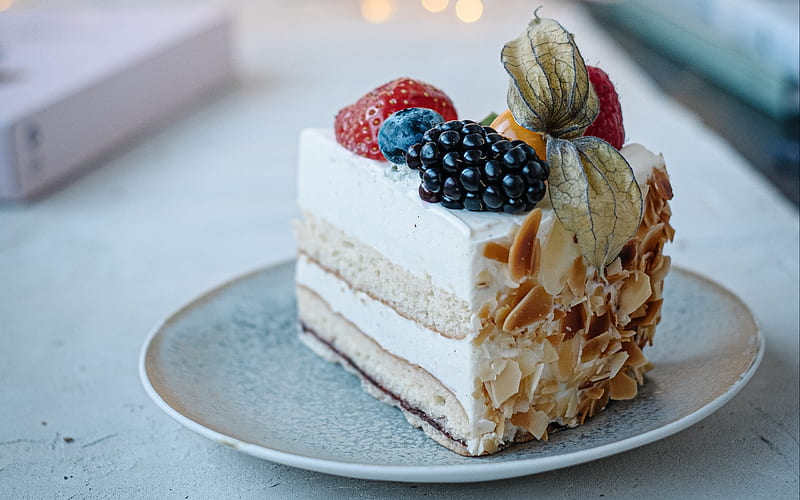 cream cake, cake with berries, desserts, berries, blackberries, strawberries, cakes, HD wallpaper