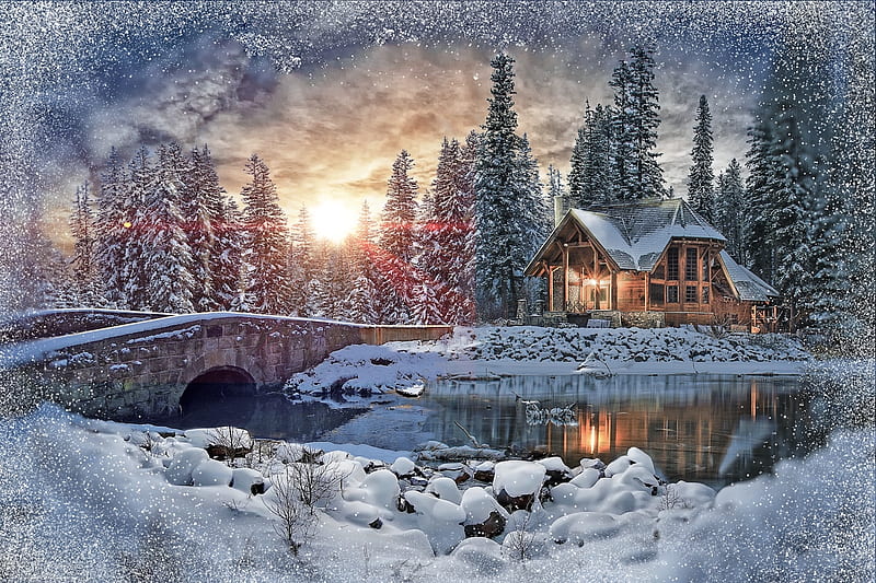 Mountain Cabin, Winter, Mount, Snow, Bridge, Painting, Sunset, Cabin