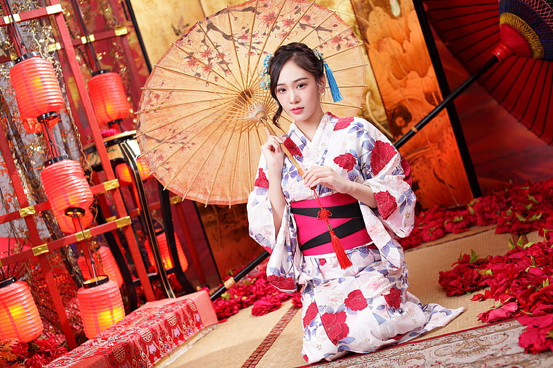 Women, Asian, Black Hair, Girl, Kimono, Model, Umbrella, Woman, HD wallpaper