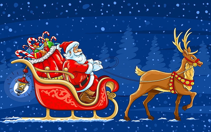 Santa Claus, sleigh, red, christmas, man, old, winter, reindeer, blue, HD wallpaper