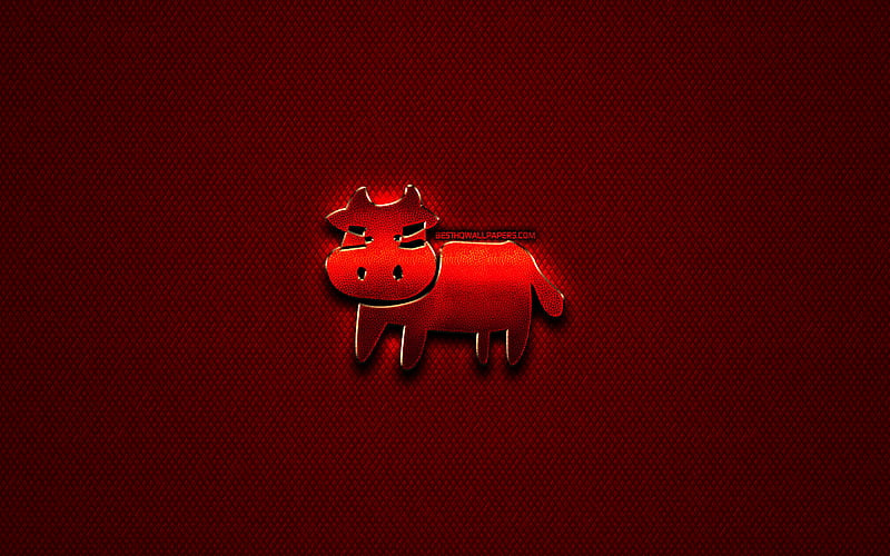 Ox, chinese zodiac, artwork, Chinese calendar, Ox zodiac sign, animals signs, red rhombic background, Chinese Zodiac Signs, creative, Ox zodiac, HD wallpaper