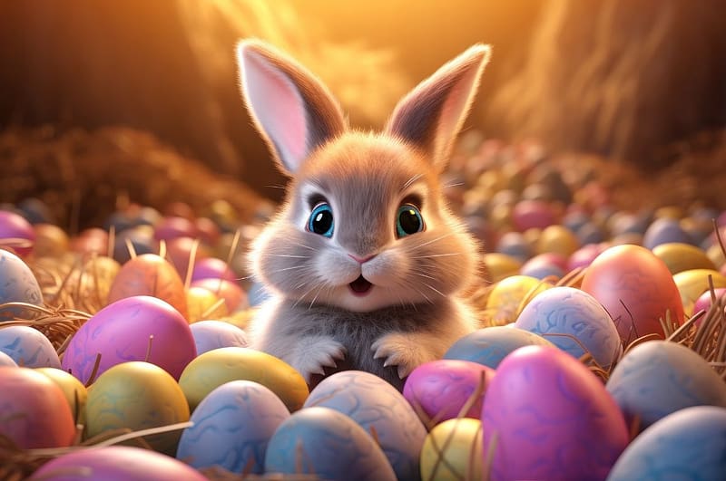 Bunny among colorful Easter eggs, szines, nyuszi, nyul, husveti tojasok, napfeny, HD wallpaper