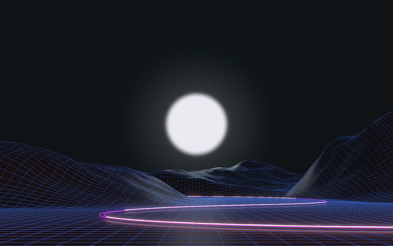 abstract nightscape creative, 3D abstract landscapes, synthwave, 3D mountains, artwork, 3D art, moon, HD wallpaper