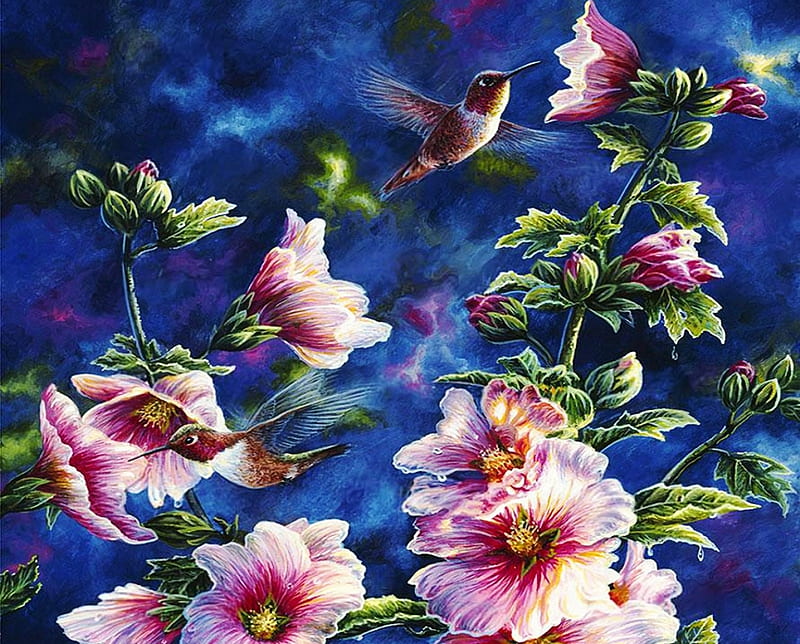 Hollyhocks and Hummingbirds, painting, birds, flowers, blossoms, artwork, HD wallpaper