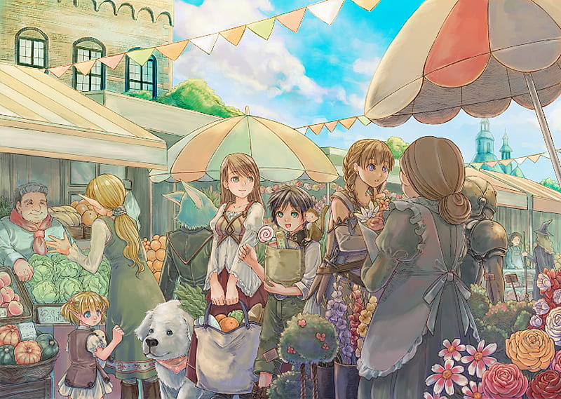 Daily Shopping, shop, house, umbrella, animal, monkey, anime, people, hot, anime girl, dog, female, male, food, stall, sexy, vegetable, market, building, cute, boy, girl, flower, vegetables, HD wallpaper