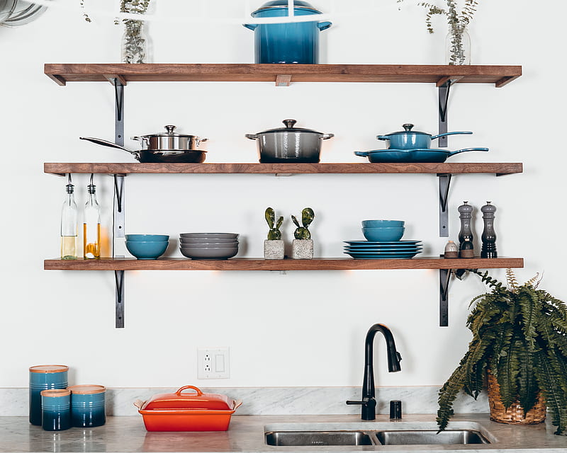 cookware set on floating shelves, HD wallpaper