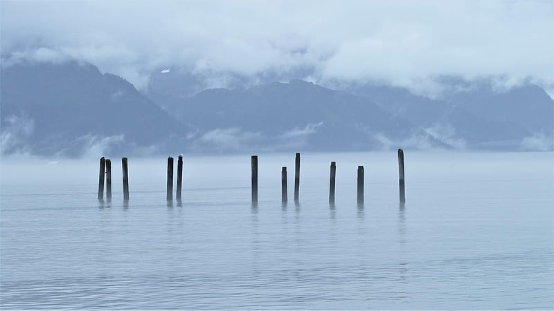 brown wooden posts on sea under white clouds during daytime, HD wallpaper
