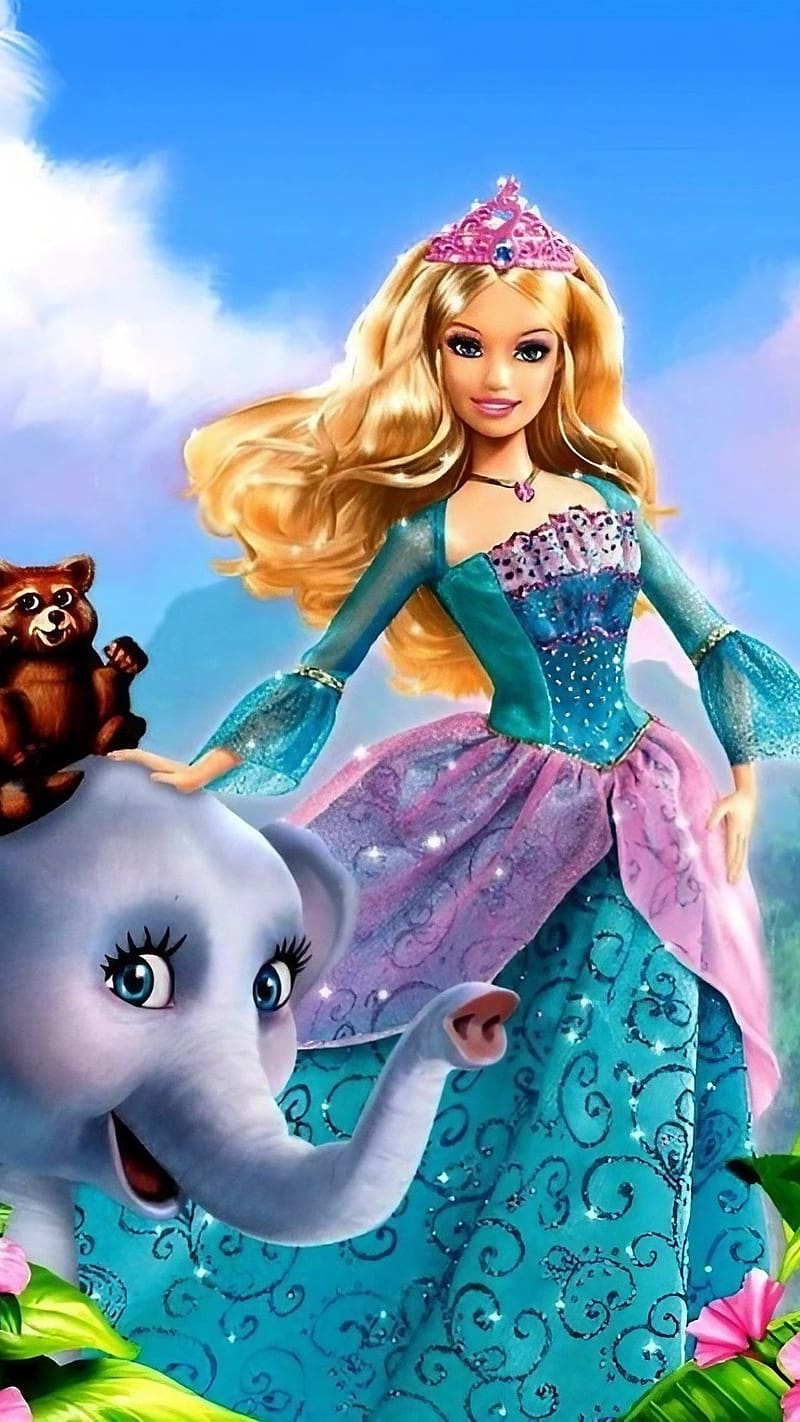 Barbie Doll Cartoon With Baby Elephant And Racoon, barbie doll cartoon, baby elephant and racoon, animated, HD phone wallpaper