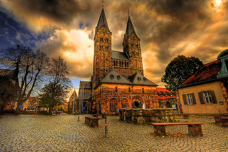 r church, architecture, buildings, bench, religious, church, trees, sky, clouds, square, r, blue, HD wallpaper