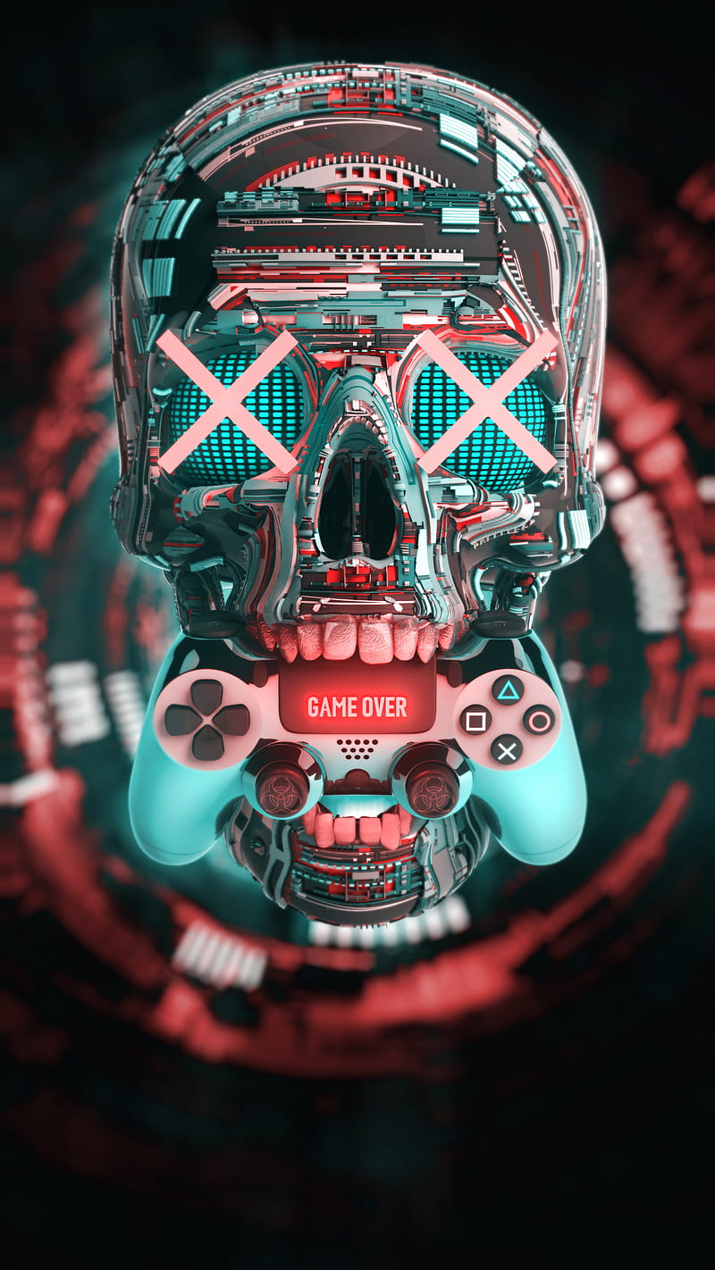 Skull, cross, end, game, game over, gamepad, ggwp, glow, over, red, HD phone wallpaper