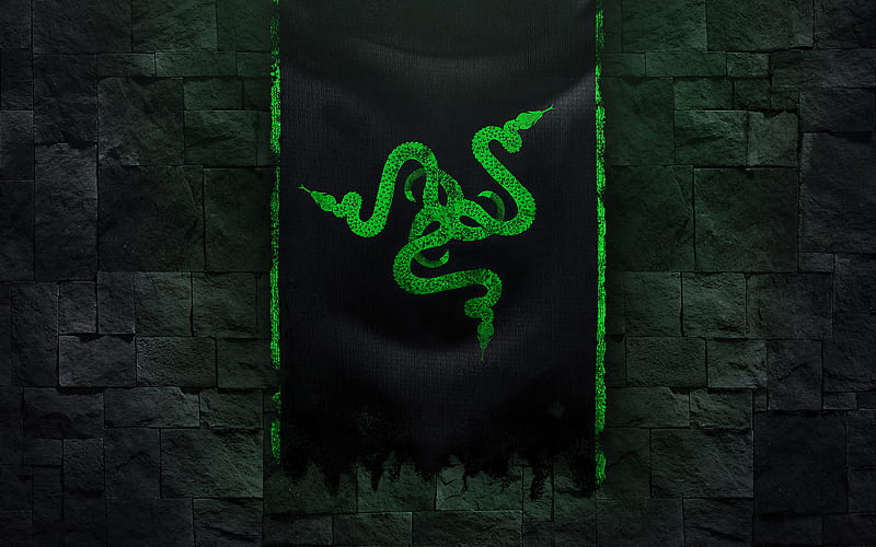 Razer logo, grunge art, black brickwall, creative, black background, Razer, HD wallpaper