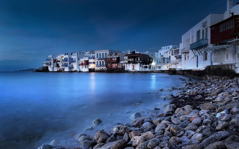 beautiful coastal village in the evening, rocks, town, evening, coast, sea, HD wallpaper