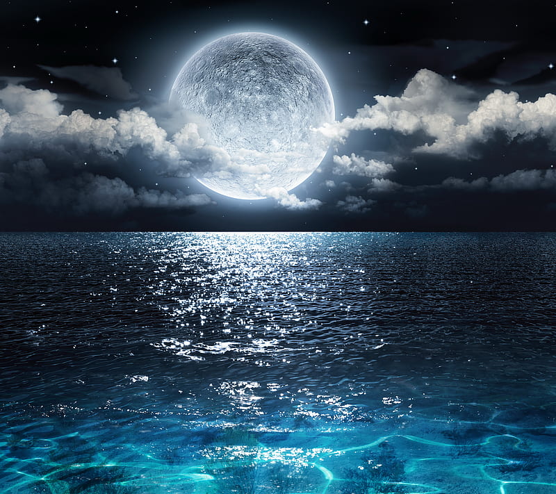 Moonshine, moon, nature, night, sea, shine, waters, HD wallpaper