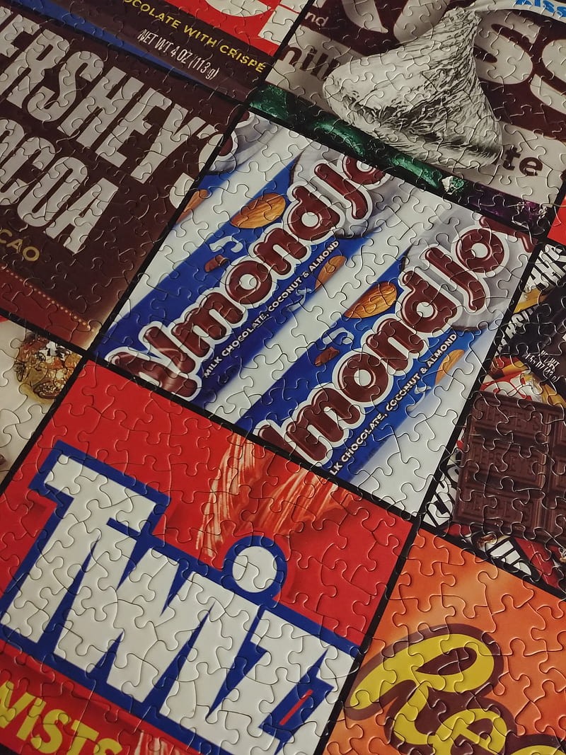 Chocolate Puzzle, almond joy, board game, candy, chocolate, chocolate bar, designs, hershey kiss, patterns, puzzle, puzzles, HD phone wallpaper