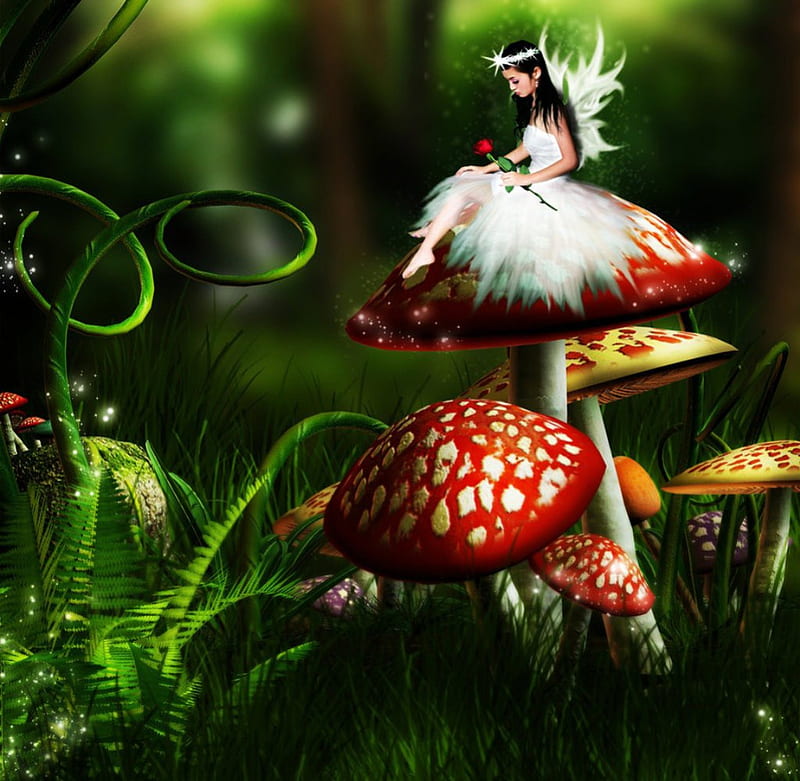 Fairy on a Mushroom, cute, red, mushroom, silver, fairy, HD wallpaper