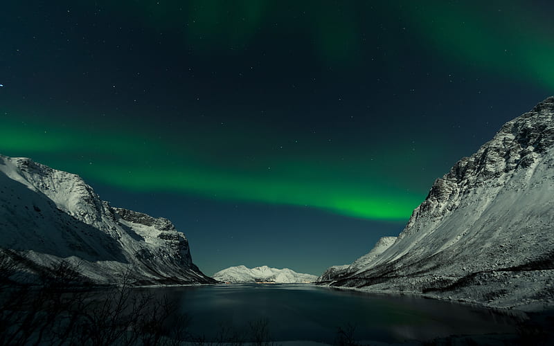 mountains, lake, northern lights, night, landscape, HD wallpaper