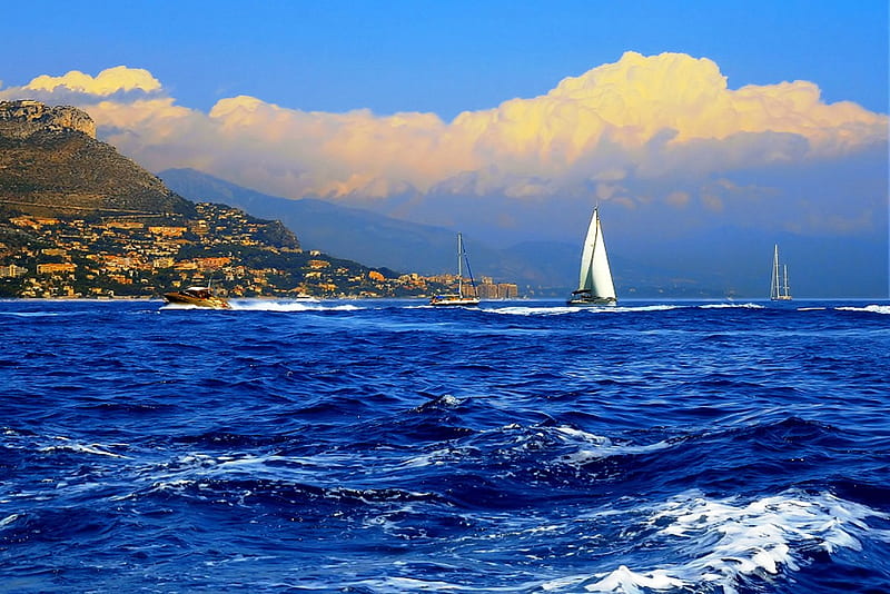 Sailing in the Mediterranean, yachts, boats, ocean, sailing, waves, clouds, sky, blue, HD wallpaper