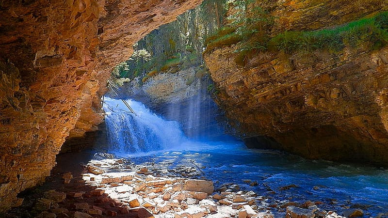 Cave Falls, Johnston Canyon, Banff National Park, Alberta, trees, river, water, rocks, canada, HD wallpaper