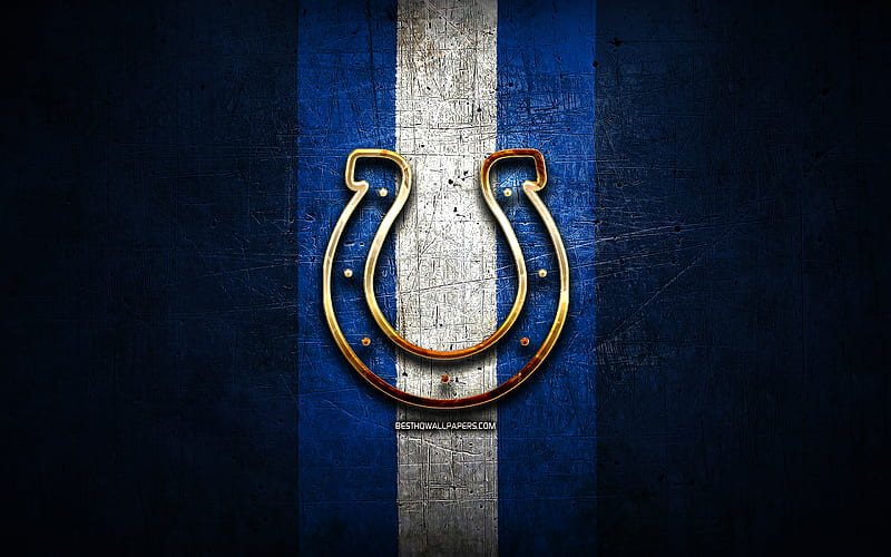 Indianapolis Colts, golden logo, NFL, blue metal background, american football club, Indianapolis Colts logo, american football, USA, HD wallpaper