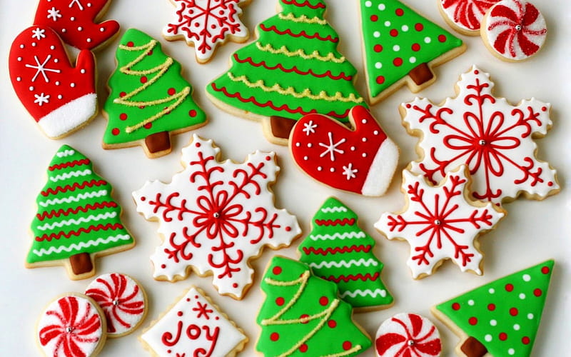Christmas cookies, red, christmas, food, sweet, dessert, glove, cookies, tree, snowflake, green, white, HD wallpaper