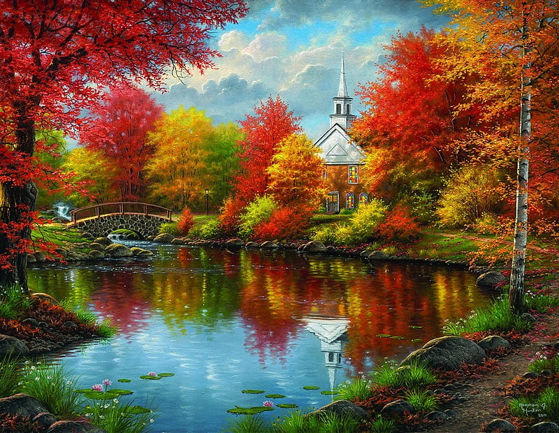 Autumn tranquility, lake, red, autumn, yellow, colorlful, abraham hunter, water, tree, painting, chapel, pictura, blue, HD wallpaper