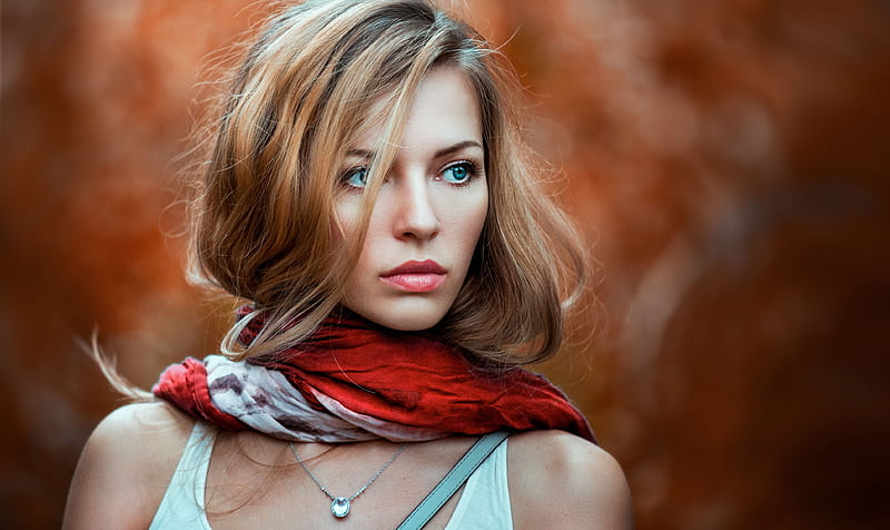 red scarf, beautiful girl, makeup, HD wallpaper