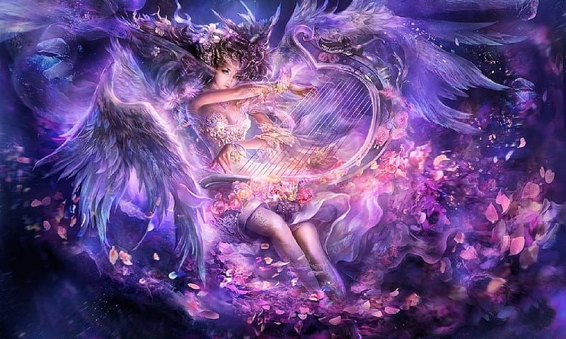 An Angel, art, harp, wings, girl, digital, HD wallpaper
