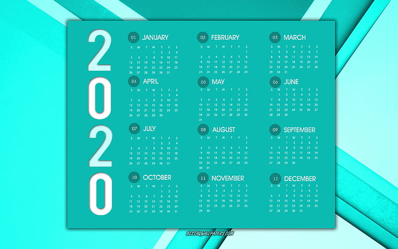 2020 Calendar, all months, turquoise 2020 calendar, creative art, turquoise abstract background, 2020 Year Concepts, HD wallpaper