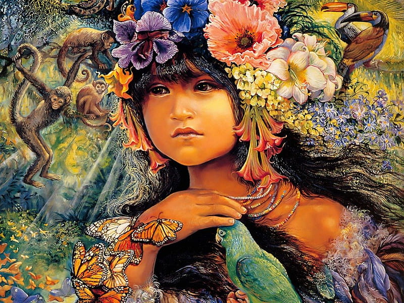 Princess of the Amazona, toucans, monkeys, flowers, child, butterflies, princess, HD wallpaper