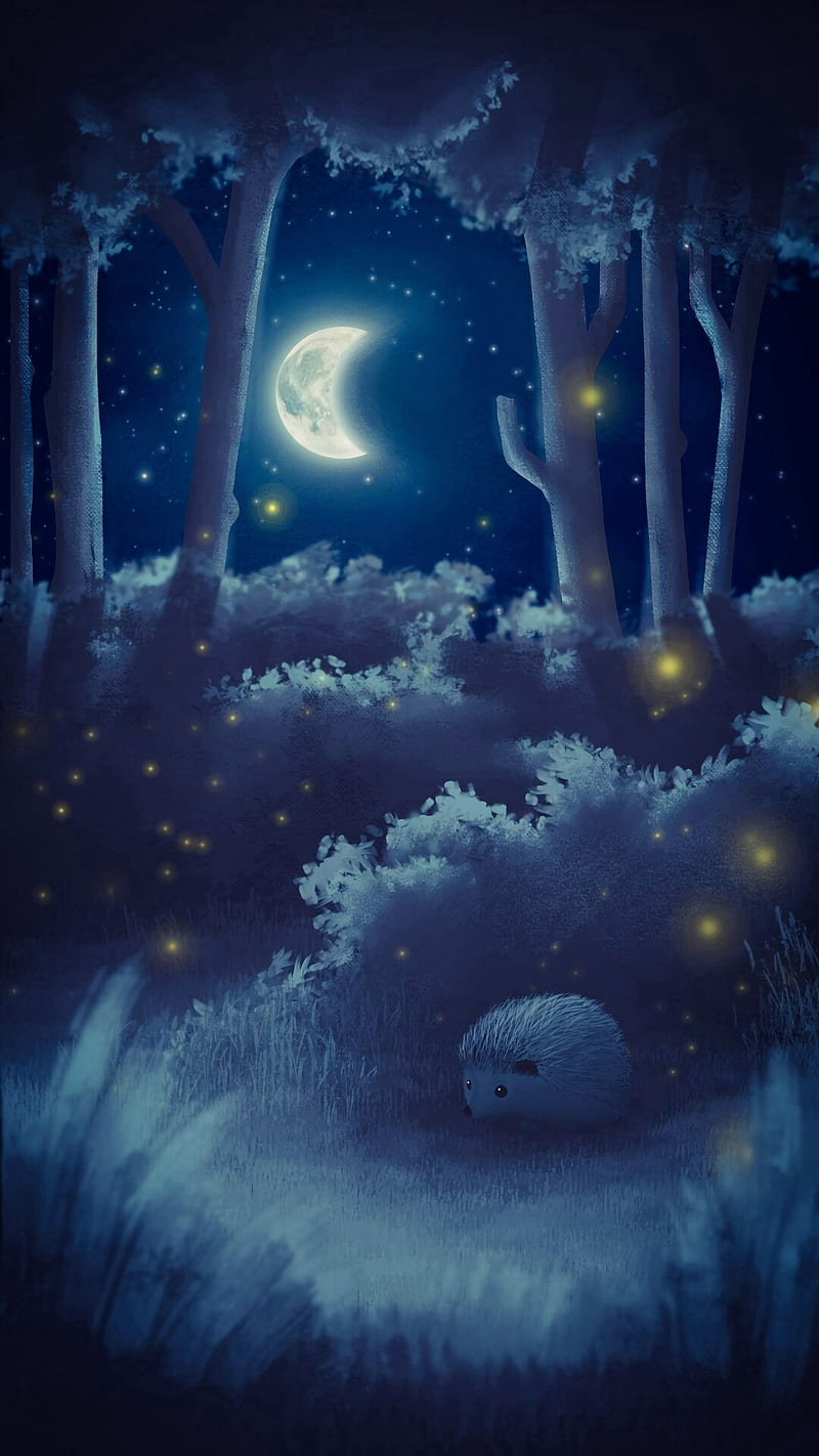 hedgehog, moon, night, forest, art, HD phone wallpaper