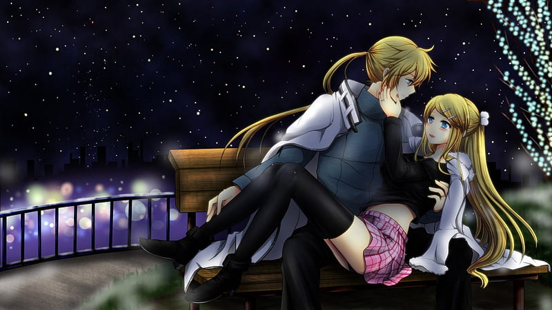 ~My Darling Dear~, vocaloid, stars, romance, bench, blonde, sky, rin and len kagamine, city, anime, love, couple, night, HD wallpaper